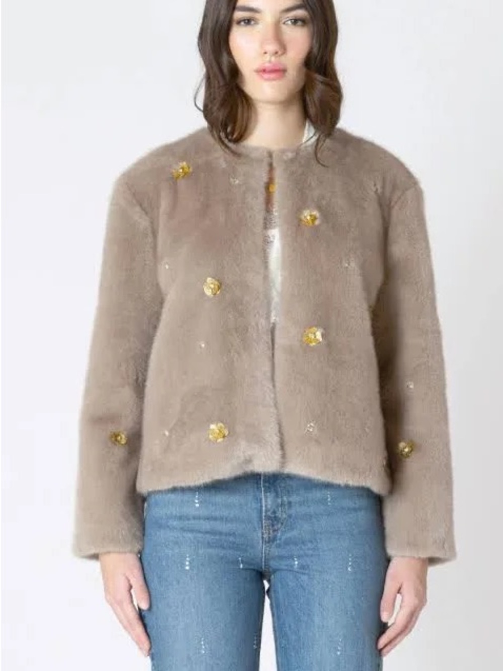 DEX Faux Fur Embellished Jacket Frosted Mocha Gold Crystal Floral Accents Size M